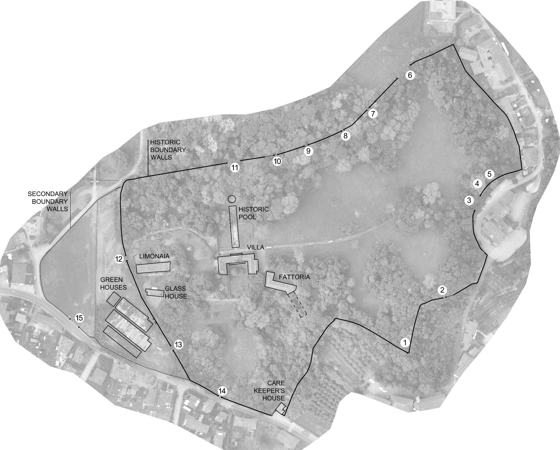 A surveyed aerial plan of the whole estate: the villa at the centre with the fattoria, limonaia, glass house, greenhouses and care keeper's house marked, the historic pool reaching north, and the historic boundary walls traced around the entire park.