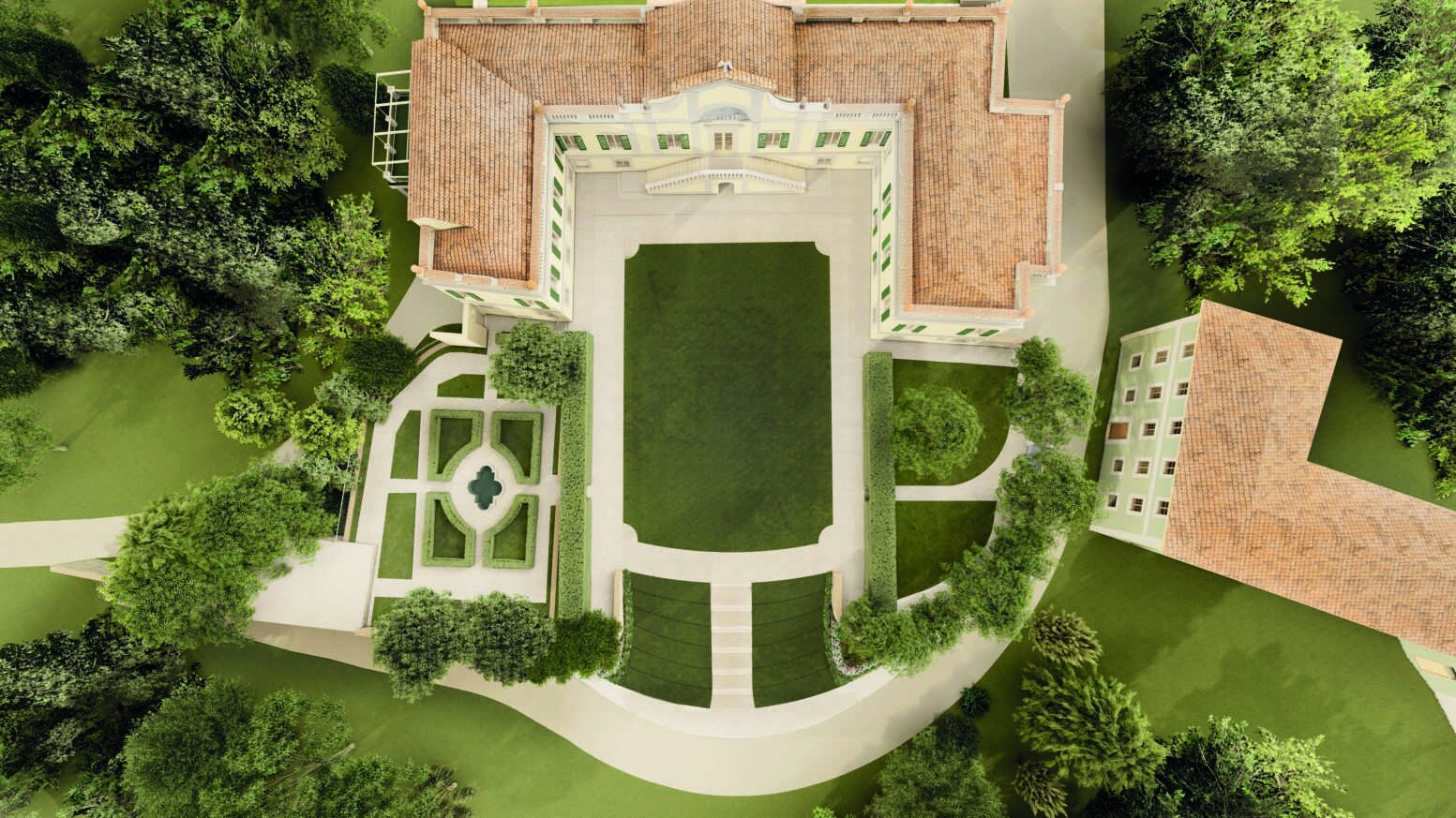 An architect's rendering of the same overhead view after restoration: new roof tiles, the courtyard lawn re-edged, the terraced entrance steps and formal parterre garden laid out crisply beside the villa.