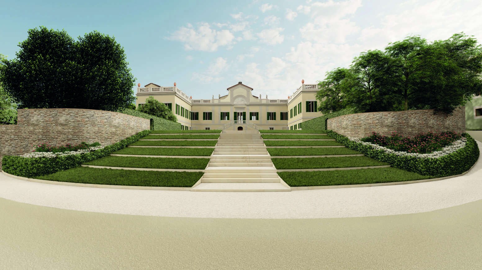 An architect's rendering of the same approach after restoration: grass terraces stepping up between stone walls and flowerbeds to the yellow façade and its double staircase.