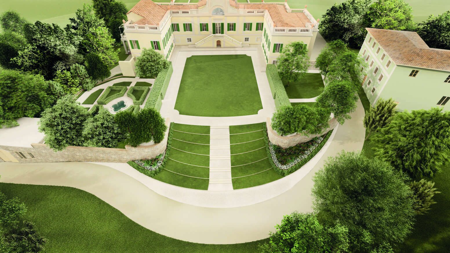 An architect's aerial rendering of the villa's forecourt: grass terraces stepping down from the courtyard lawn to the drive, with the formal garden and its quatrefoil basin at the left.
