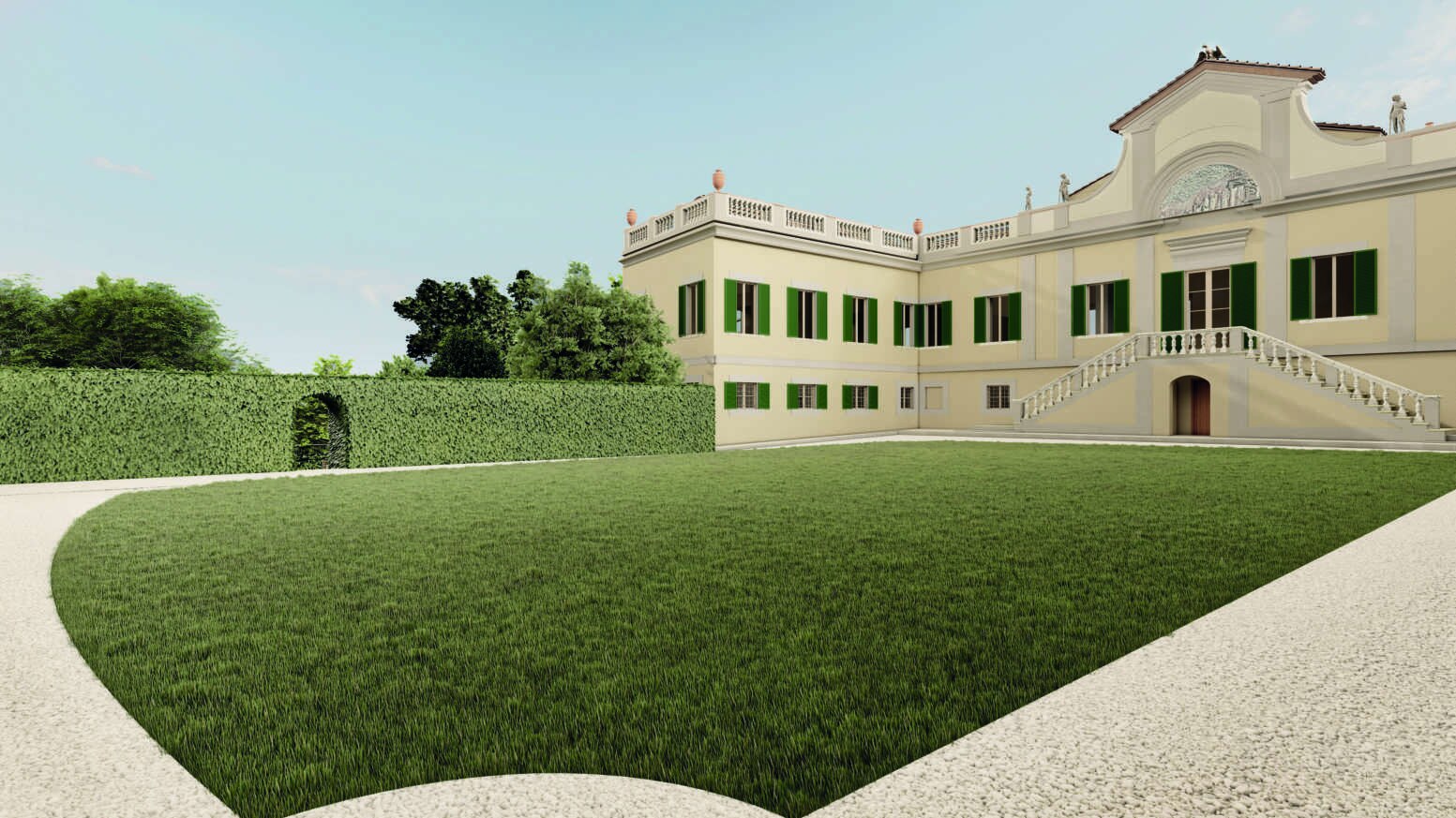 An architect's rendering of the restored villa seen from the corner of the courtyard lawn, a tall hedge wall with an arched opening running along its edge.