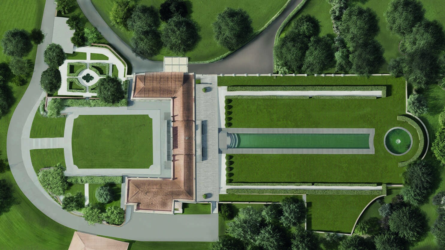 An architect's top-down rendering of the whole composition: the villa's horseshoe roof between the forecourt lawn, the formal parterre garden, and the long pool garden reaching away between clipped hedges to a round fountain.