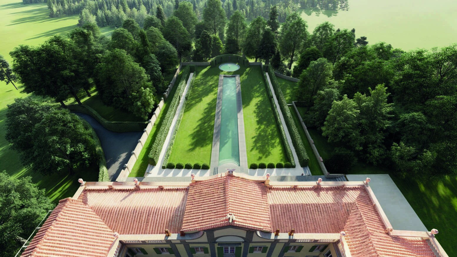 An architect's aerial rendering taken from above the villa's roof, looking straight down the axis of the long pool garden to the round fountain in its hedged exedra.