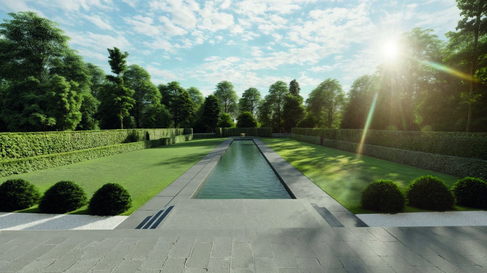 An architect's rendering of the long pool garden: a narrow reflecting pool running between lawns and tall hedges toward a distant fountain, low box spheres in the foreground.