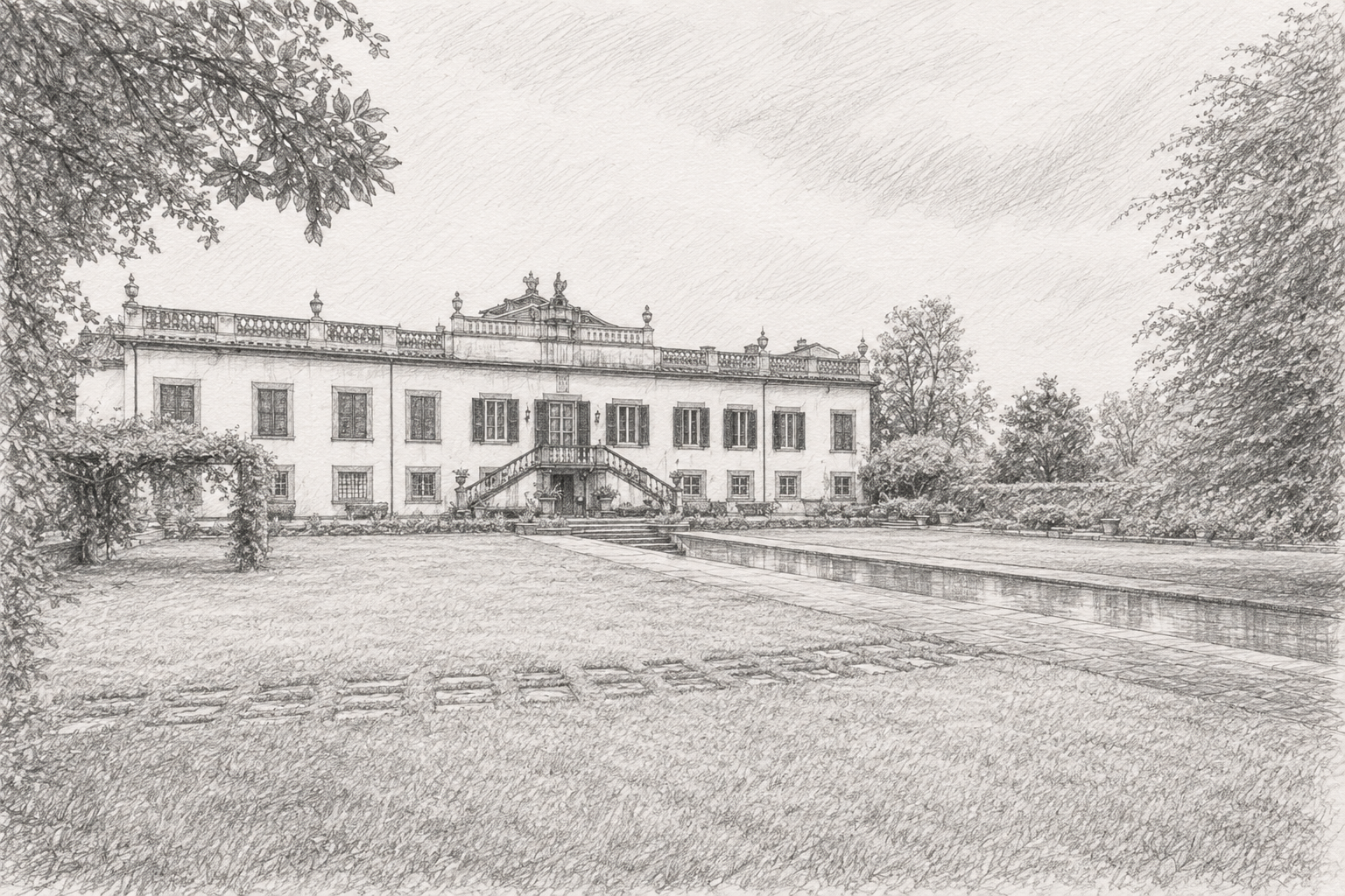 A graphite pencil drawing of Villa Paolina Bonaparte seen across the garden: the long two-storey façade with its balustrade and central tympanum, the double staircase climbing to the door, a vine-covered pergola at the left, and the reflecting pool stretching away to the right across a wide lawn.